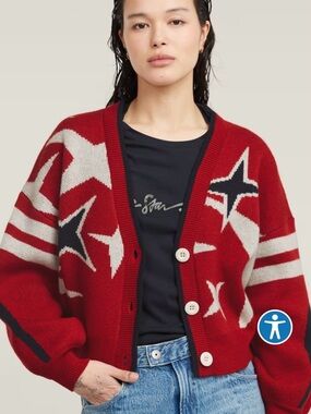 G-Star Holiday Red Star-Patterned V-Neck Cardigan Sweater
